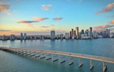 Aerial view of the Miami skyline at sunset from Biscayne Bay. Miami, Florida, USA.