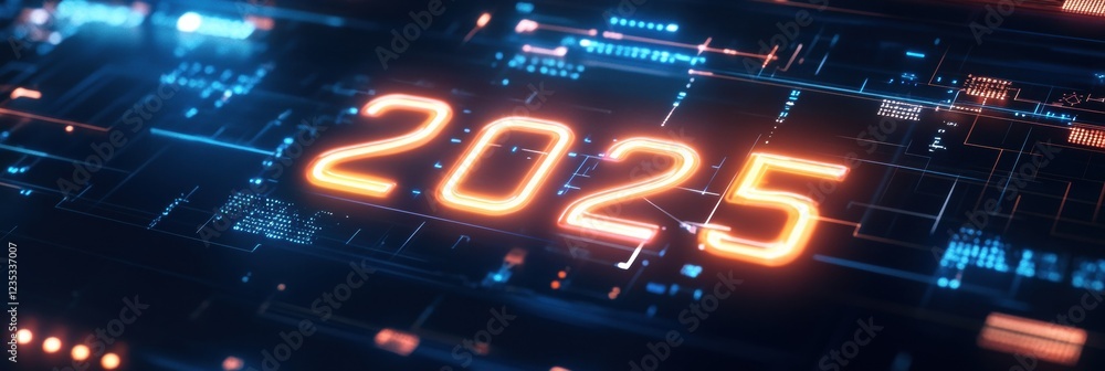 Poster futuristic digital calendar highlighting the year 2025 with sleek design and vibrant neon colors. ge