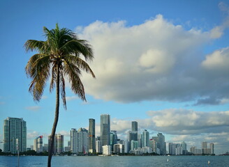 View of the Miami skyline at sunset from Biscayne Bay. Miami, Florida, USA.