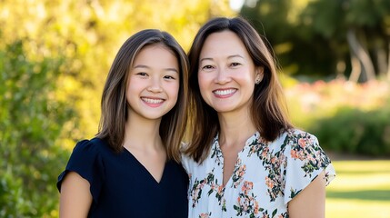 Fototapeta na wymiar Happy mother and daughter portrait, park, sunshine, family bond, stock photo