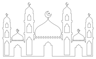 Black Outline Big Mosque with Crescent Star on Top of Dome and Detailed Window and Door