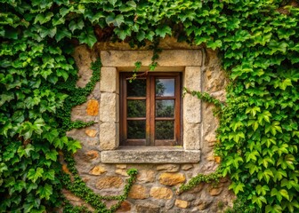 Quaint Stone Window Framed by Lush Ivy Exudes Old-World Charm