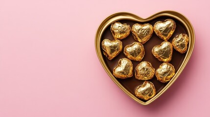 Gold foil-wrapped chocolates in a heart-shaped tin, soft pink background.