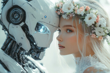 Romantic moment between a humanoid robot and a woman in a floral crown