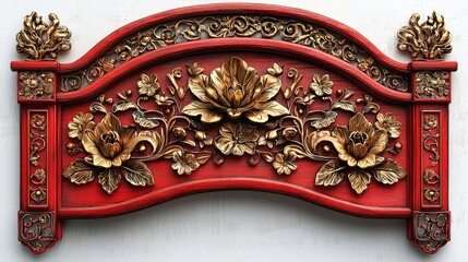 Ornate red and gold floral wooden archway decoration with intricate carvings