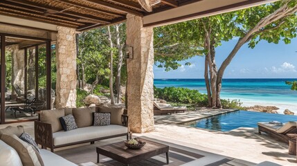 A private beachfront residence with an open-concept floor plan and modern decor.
