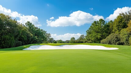 Sunny golf course sand trap, green grass, trees, blue sky