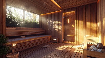 A private home sauna with a wooden interior and eucalyptus-scented steam.