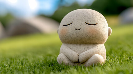 Serene stone figurine meditating outdoors, green grass background, peaceful scene, perfect for wellness websites