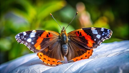 Naklejka premium Red Admiral Butterfly on White Sheet - Candid Nature Photography