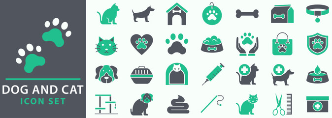 Pets icon set. Containing dog, cat, symbol. Animal care and vet clinic elements collection. Vector illustration.