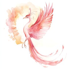 Obraz premium Delicate watercolor coquette phoenix, soft sunset hues blending seamlessly, white background