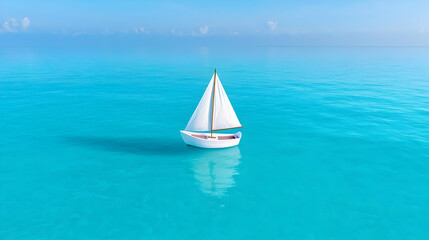 Obraz premium Small sailboat on turquoise ocean, sunny sky. Travel brochure