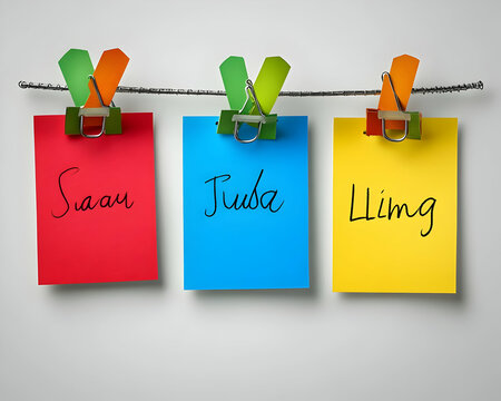Colorful 3D Render of Notes Hanging on a Line:  Saau, Juba, Limg