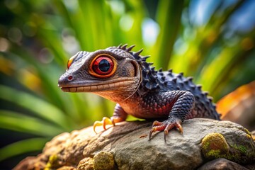 Fototapeta premium Red-Eyed Crocodile Skink Basking on Rock - Detailed Reptile Stock Photo