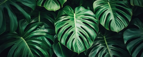 Lush Green Monstera Deliciosa Leaves Background