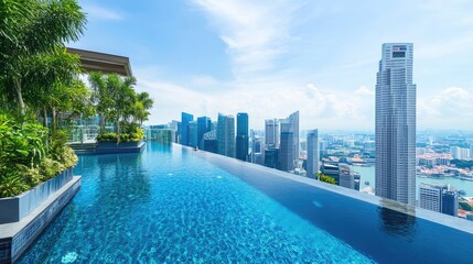 Fototapeta premium A rooftop infinity pool with a city skyline view, offering relaxation and luxury.