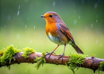 Fototapeta premium Red Robin Perched on Branch in Misty Field - Wildlife Photography