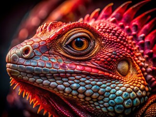 Naklejka premium Red Scales of a Dragon-Like Creature in a Mysterious Environment
