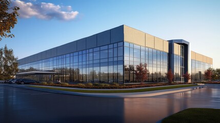 Modern office building with sleek glass faade and clean lines, reflecting the skyline.