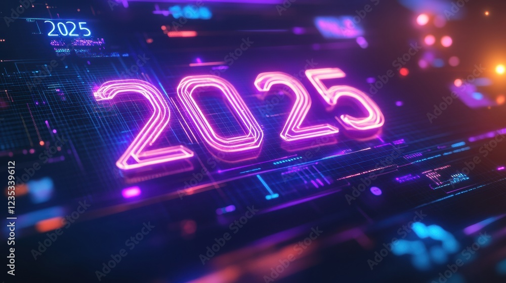 Poster futuristic digital calendar showcasing the year 2025 with vibrant neon colors and advanced technolog