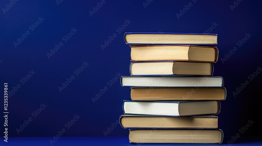 Poster neatly stacked books representing shared knowledge, deep blue background.