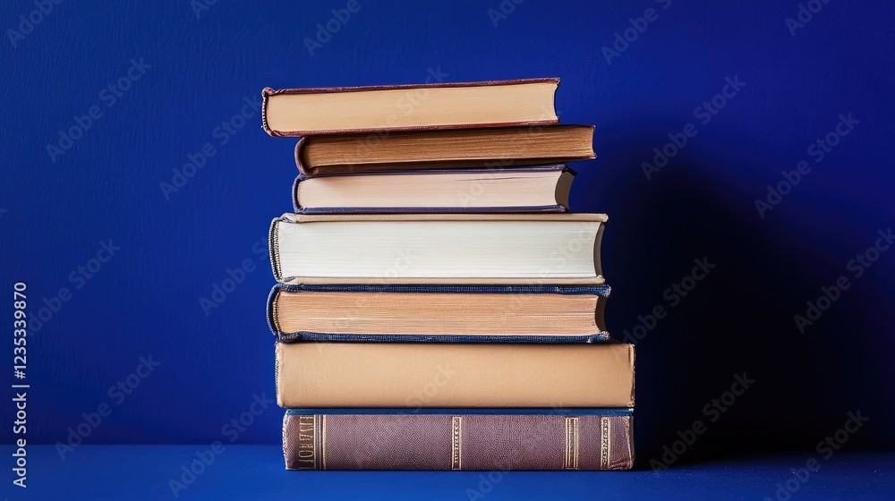 Poster neatly stacked books representing shared knowledge, deep blue background.