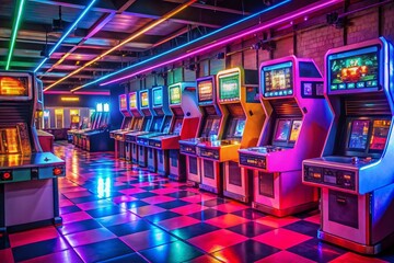 Retro Arcade Neon Lights Cinematic Glowing Video Game Cabinets - 3 Clips Animated Wallpaper