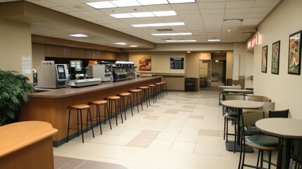 Office breakroom with coffee machines, bar stools, and a relaxing atmosphere.