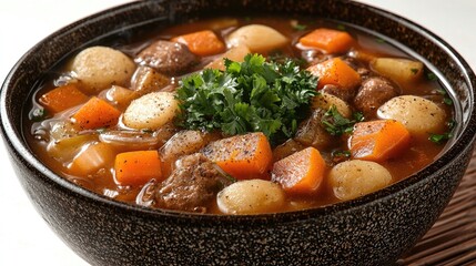 Hearty vegetable and meat stew in a rustic bowl garnished with fresh herbs
