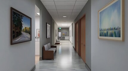 Office hallway with modern artwork, soft lighting, and an inviting atmosphere.