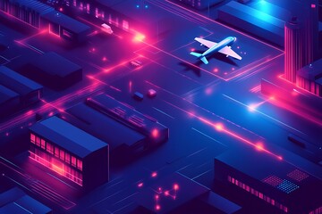Fototapeta premium Isometric Cityscape: Airplane on Neon-Lit Grid, Futuristic Urban Network.