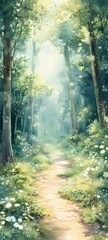 Obraz premium A soft watercolor painting of a forest path, with sunlight streaming through the trees