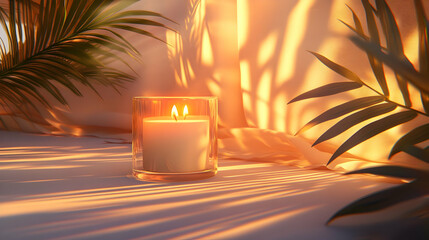Serene Sunset: 3D Render of a Burning Candle with Palm Shadows