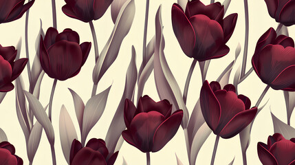 pattern of dark burgundy tulips on an ivory background