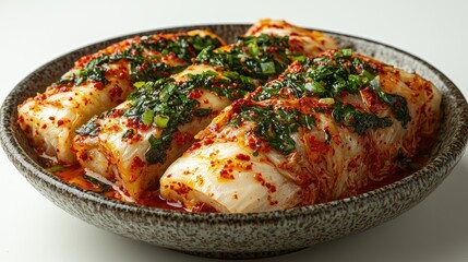 Freshly prepared kimchi in a rustic bowl, garnished with herbs, on a light background