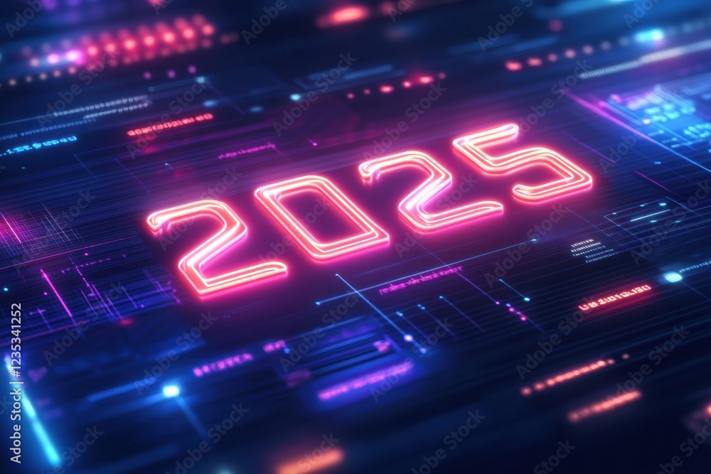 Poster sleek digital calendar highlighting the year 2025 with vibrant neon design and futuristic elements. 
