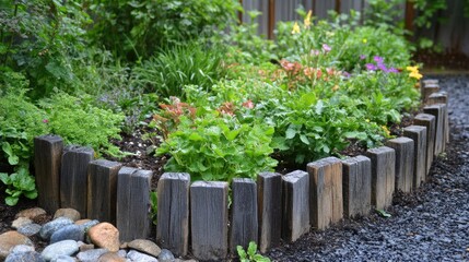 Obraz premium Small wooden fence outlining a garden bed with a variety of fresh plants.