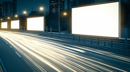 Multiple blank billboards on city highway with glowing traffic lights, advertising space, urban night scene, commercial marketing, digital signage, business promotion, illuminated outdoor advertisemen