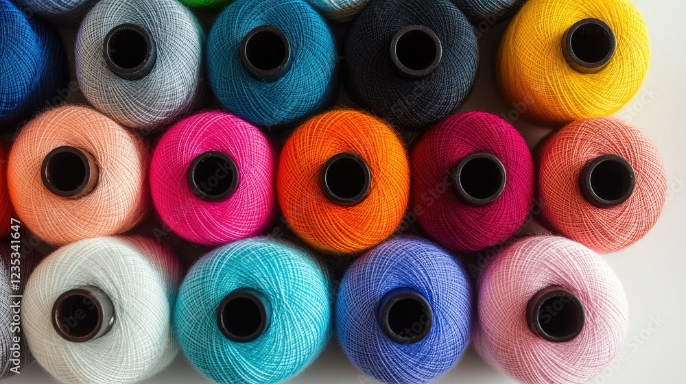 Poster spools of thread in an array of colors, arranged symmetrically, crisp white backdrop.