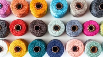 Spools of thread in an array of colors, arranged symmetrically, crisp white backdrop.