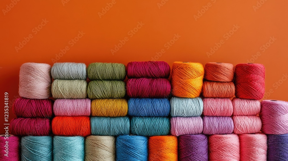 Poster stacks of colorful wool yarn spools arranged in a neat pattern, warm orange background.
