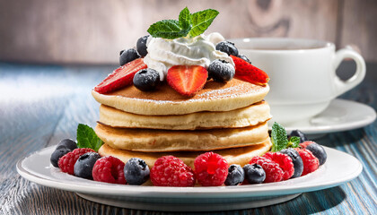 delicious stack of fluffy pancakes with fresh berries and whipped cream