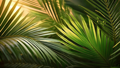 Vibrant green palm leaves are backlit by warm golden sunlight, creating a tropical and peaceful natural scene.
