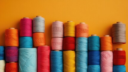 Stacks of colorful wool yarn spools arranged in a neat pattern, warm orange background.