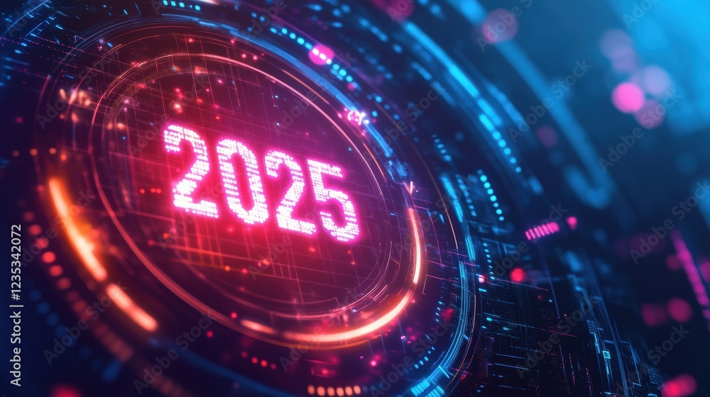 Poster Futuristic digital calendar showcasing the year 2025 in a vibrant technological setting. Generative AI