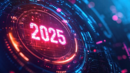 Futuristic digital calendar showcasing the year 2025 in a vibrant technological setting. Generative AI
