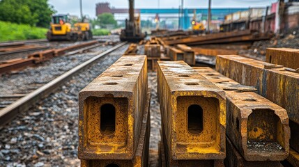 Fototapeta premium Steel beams and metal structures stacked together in an industrial yard.