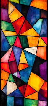 A stylized geometric pattern with triangles and rectangles in bright, contrasting colors