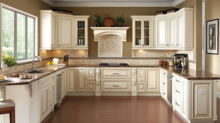 Sunny kitchen with white cabinetry, marble countertops, and a small breakfast nook.